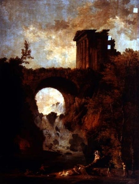 Egy lerombolt templom capriccioja egy vízlépcsőn átívelő híd mellett, libikókapartival alkotó: Hubert Robert