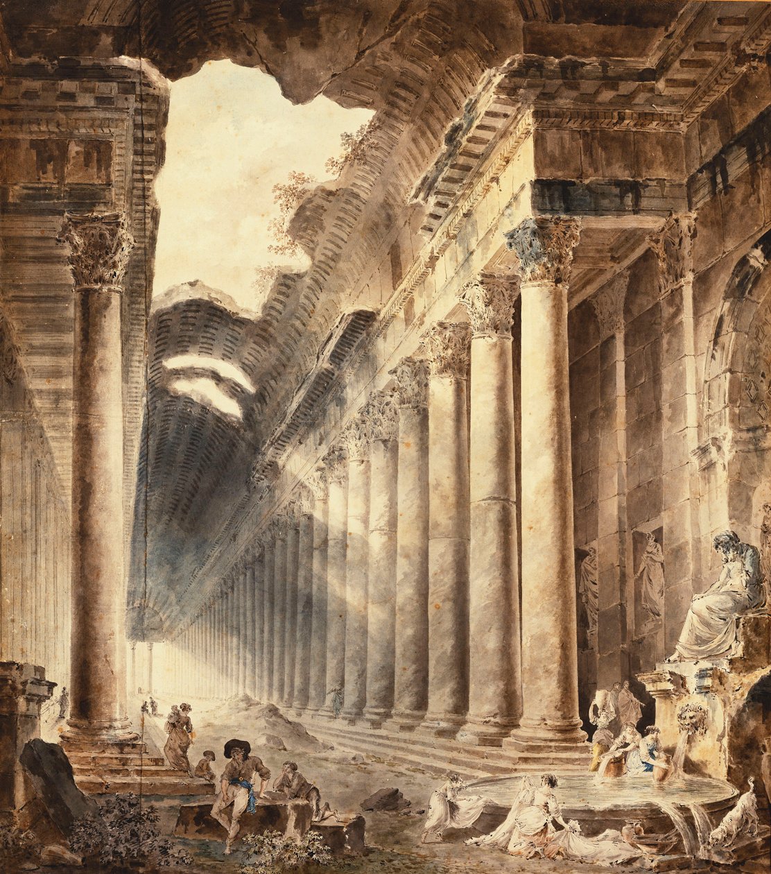 Oszlopos termálépület, részben az ég felé nyíló tető, a szobor alatti szökőkútnál ruhát mosó lányokkal, alkotó: Hubert Robert