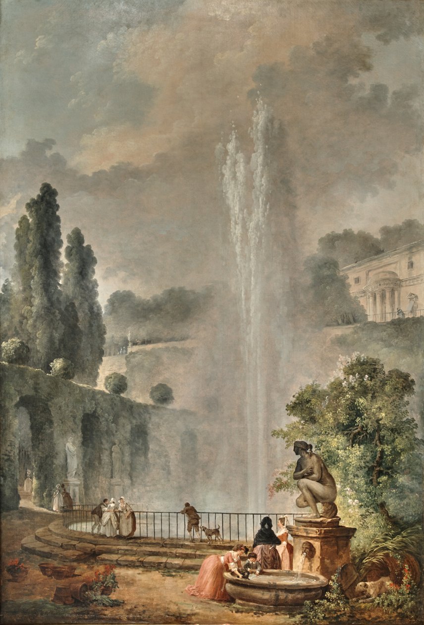 Kerti táj nagy szökőkútra néző villával alkotó: Hubert Robert