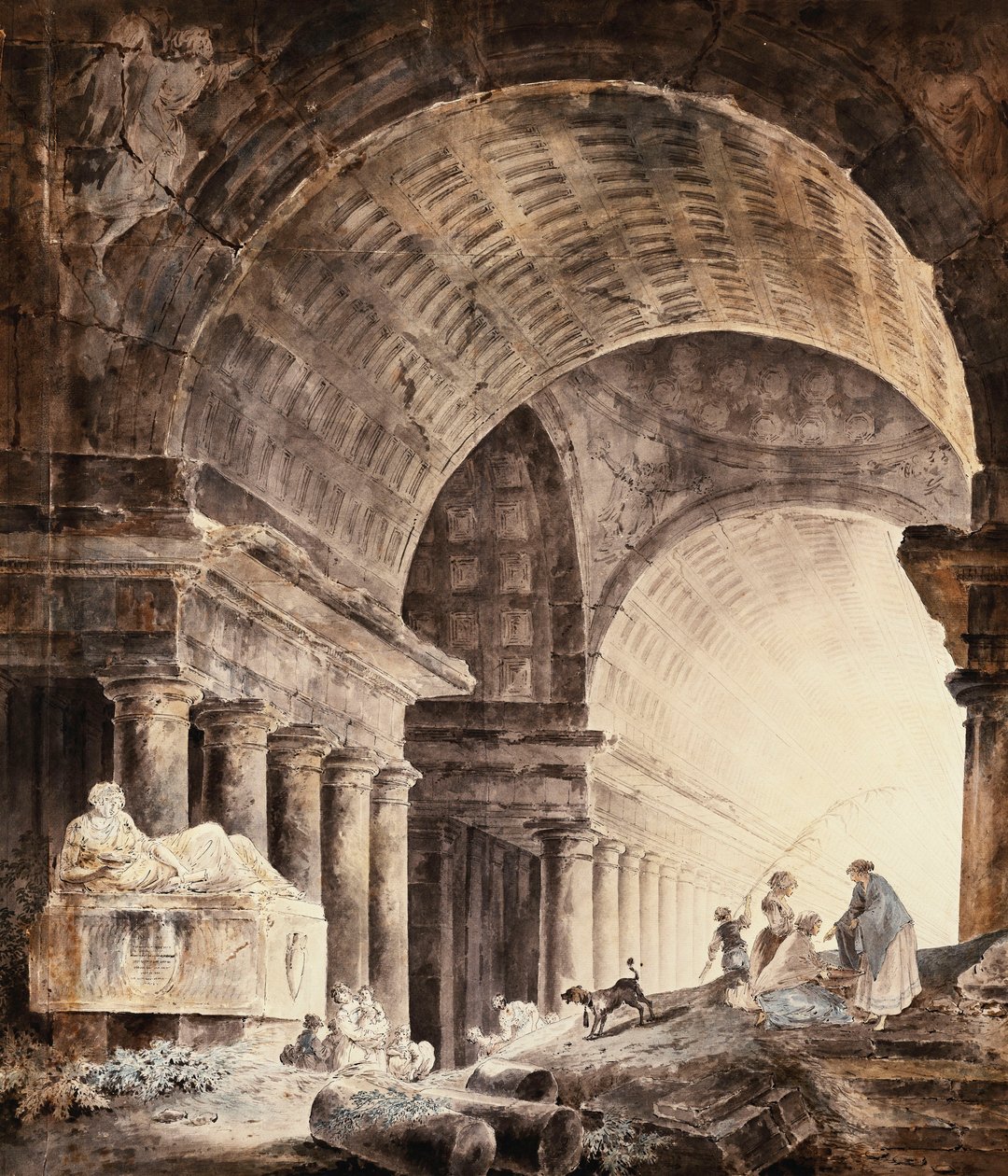 Egy nagyszerű keresztboltozatos épület nőkkel, gyerekekkel és egy kutyával törött oszlopokon, alkotó: Hubert Robert