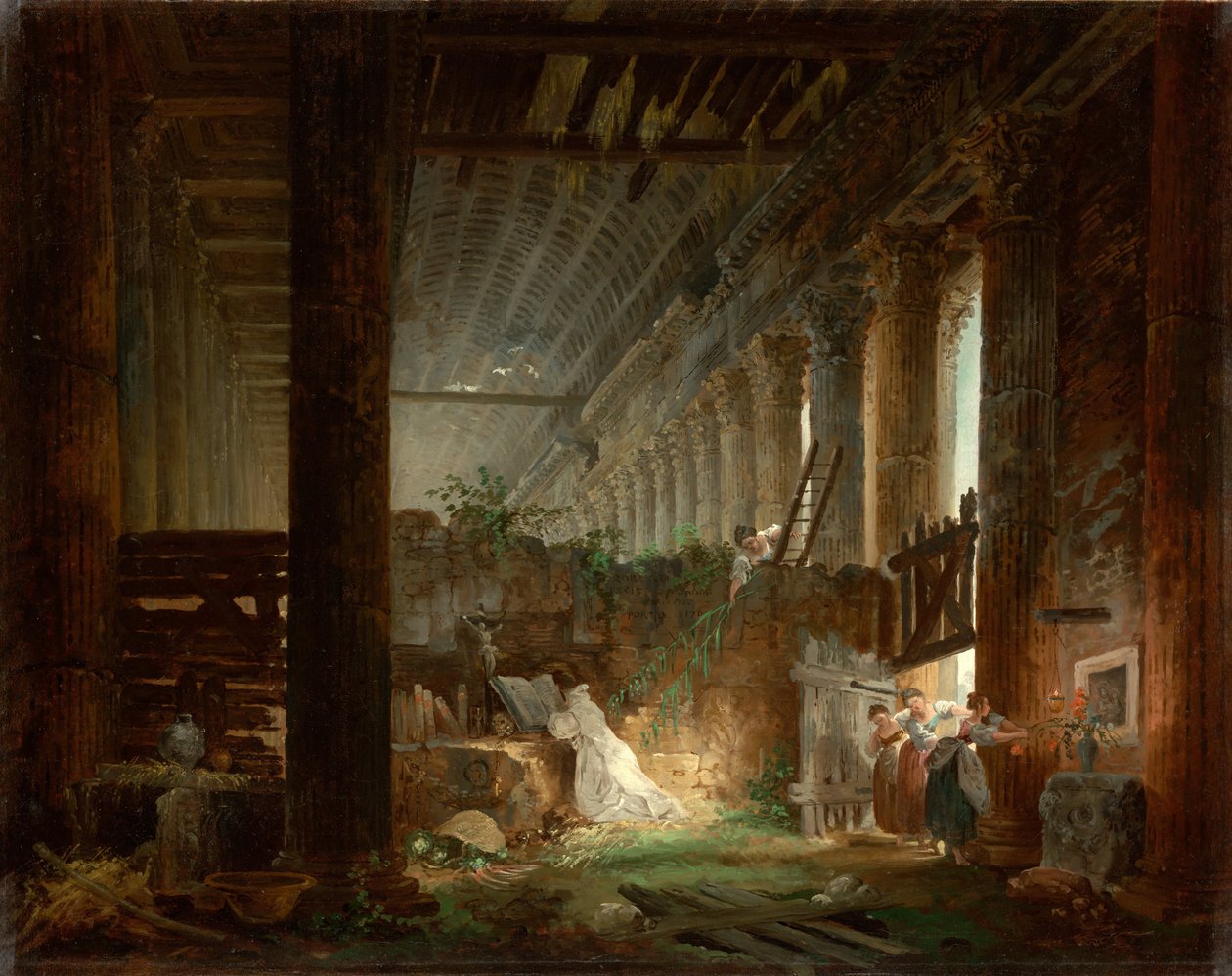 Egy remete egy római templom romjaiban imádkozik, 1760 körül alkotó: Hubert Robert