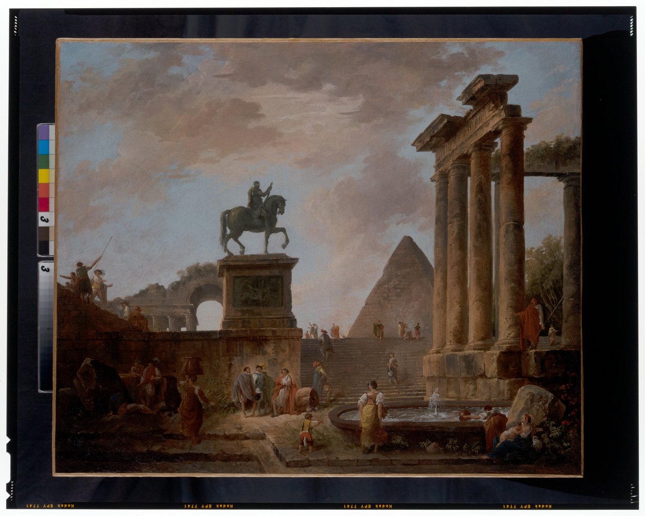 Capriccio trubadúrokkal és mosónőkkel egy medencénél római romok között, piramis azon túl, 1780 körül (olaj, vászon) alkotó: Hubert Robert