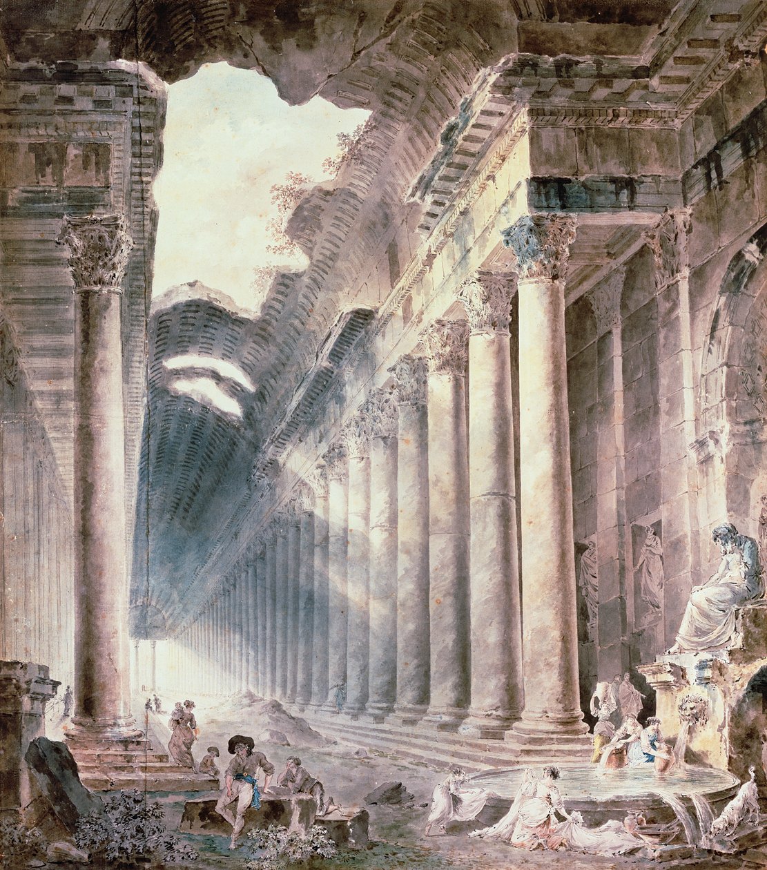 Oszlopos termálépület, a tető részben az ég felé nyíló, lányok mosogatásával (akvarell, ceruza, tus) alkotó: Hubert Robert