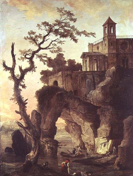 Építészeti romok sziklás tájon (olaj, vászon) alkotó: Hubert Robert