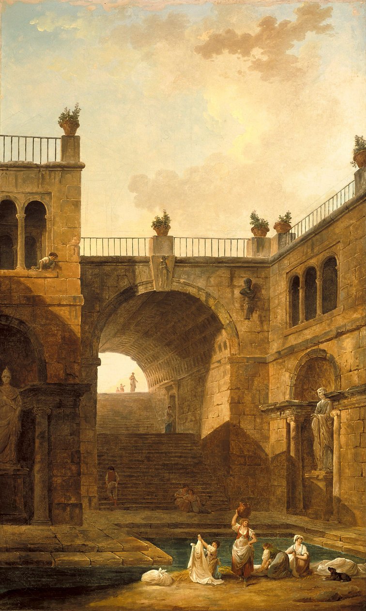 Építészeti jelenet medencénél ruhát mosó nőkkel alkotó: Hubert Robert
