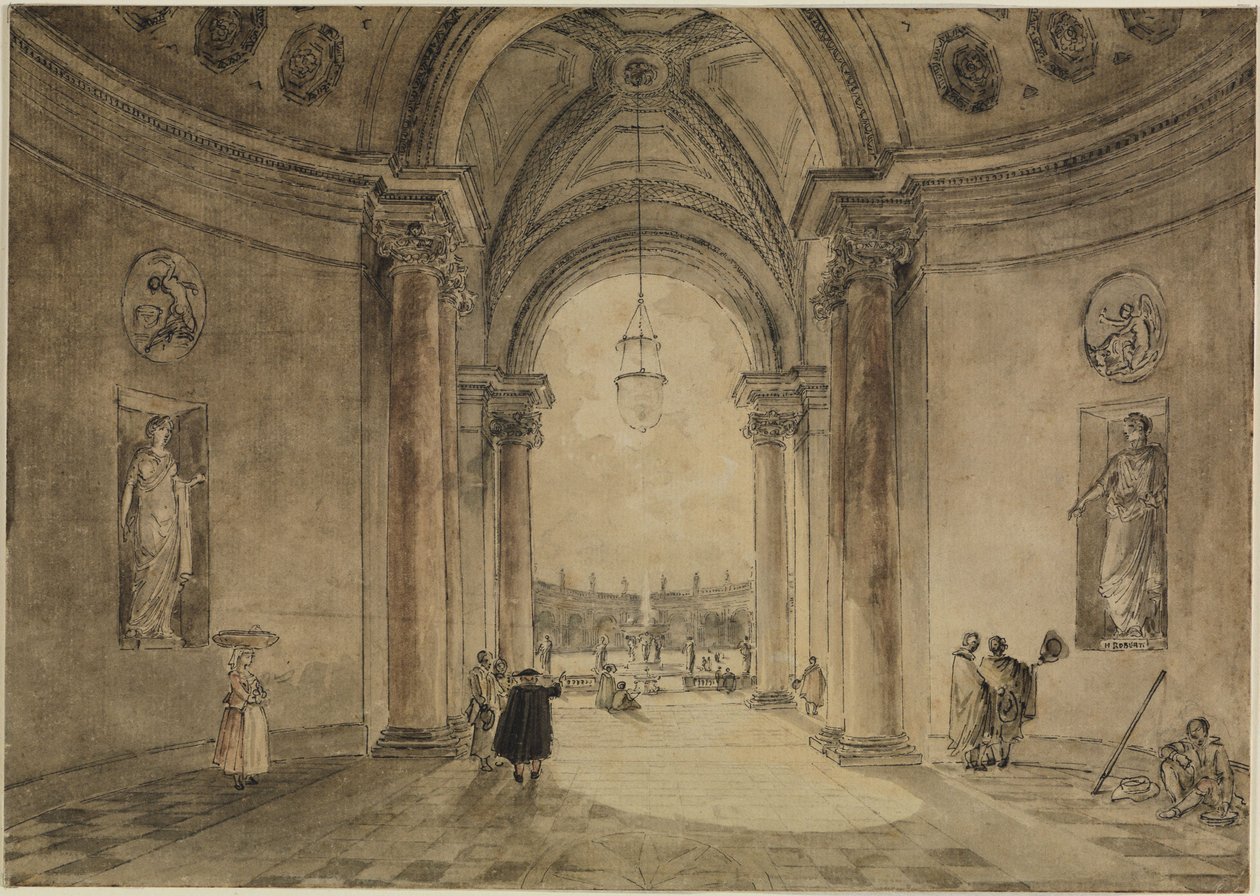 Kilátás a kaszinó átriumán át a Villa Albani kertjének parterrére alkotó: Hubert Robert