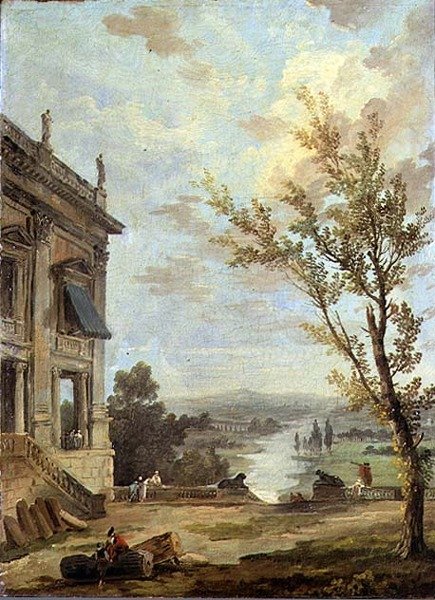Capriccio olasz táj a Capitolium Palazzo Nuovóval és szelíd emberekkel a teraszon, egy folyón túl alkotó: Hubert Robert