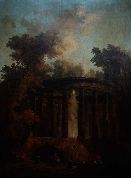 Capriccio egy szökőkút egy kör alakú oszlopcsarnokban alkotó: Hubert Robert