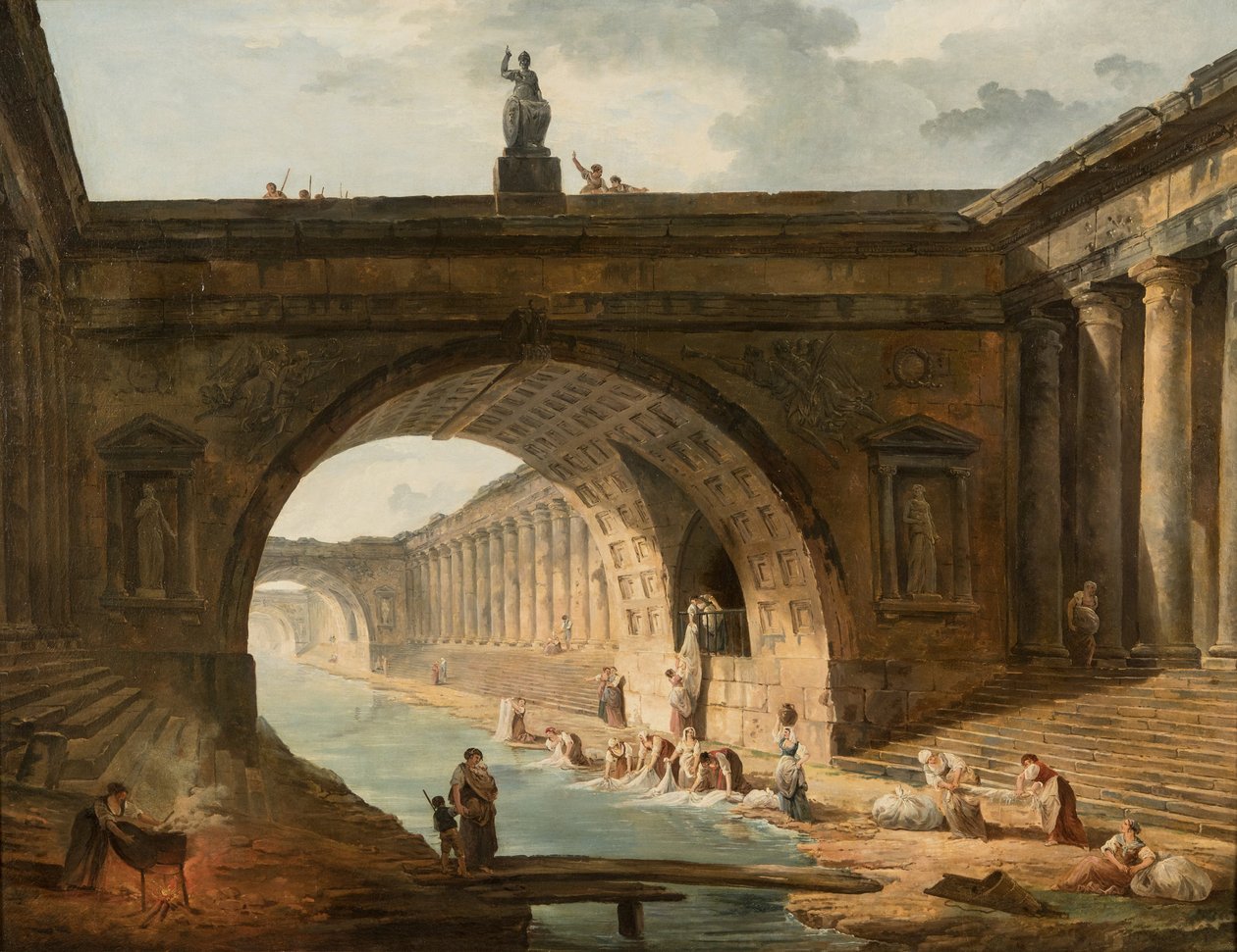 Capriccio mosónőkkel egy csatornánál alkotó: Hubert Robert