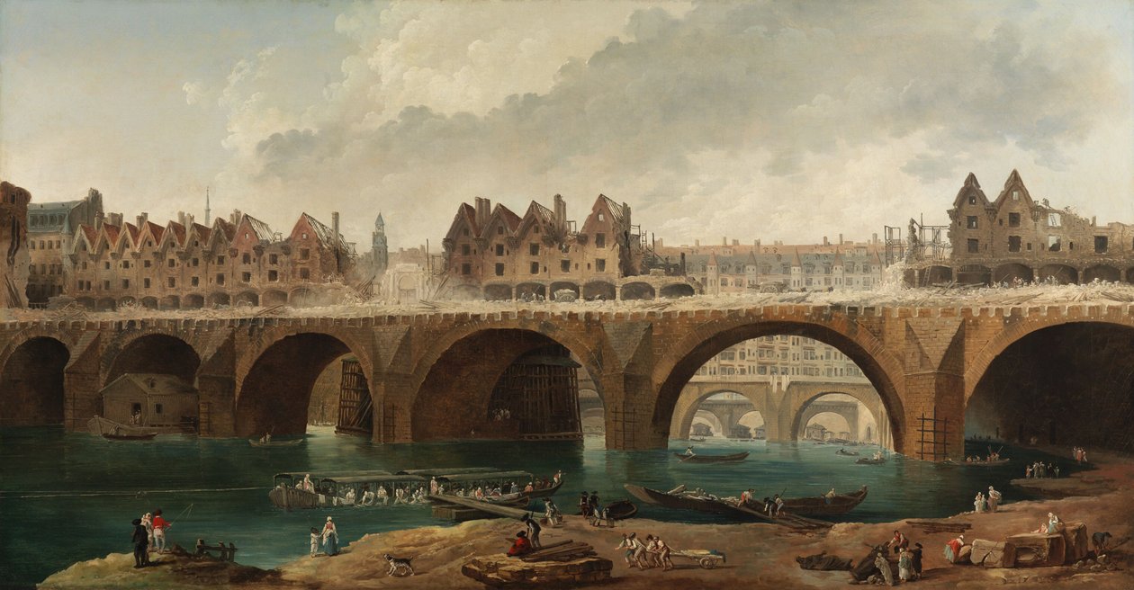 A párizsi Notre-Dame híd házainak lebontása alkotó: Hubert Robert