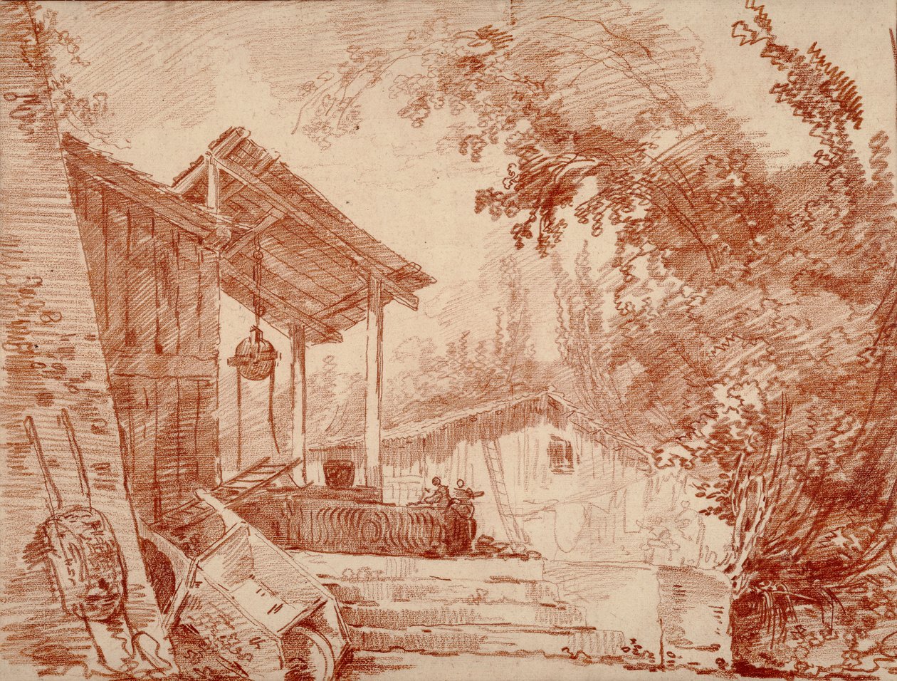 Paraszti udvar, két alakkal a kút mellett, előtérben egy nagy talicskával alkotó: Hubert Robert