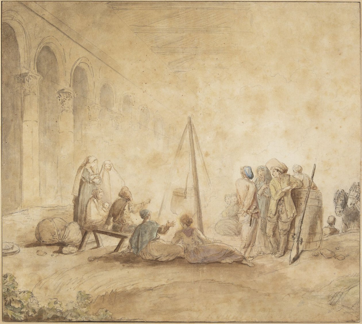 Alakok egy tűz körül alkotó: Hubert Robert
