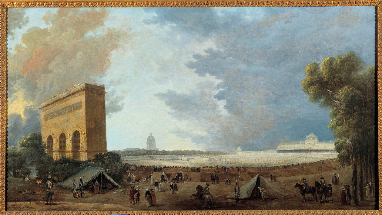 Francia forradalom: „A nemzeti szövetség fesztiválját a párizsi Champ de mars-on ünnepelték 1790. július 14-én” Hubert Robert (1733-1808) festménye. 1790 V. 0,52x0,96 m alkotó: Hubert Robert