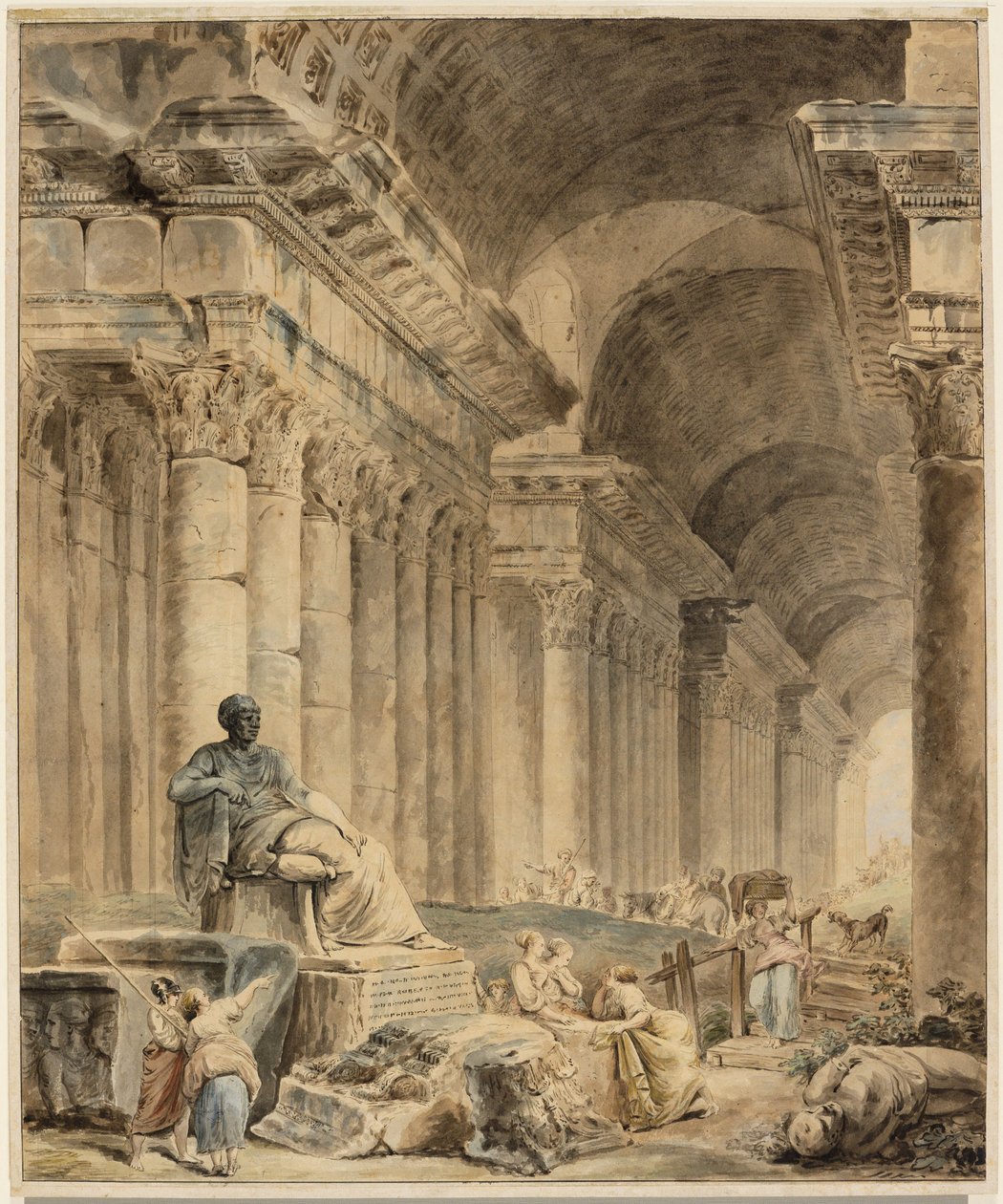 Boltozatos oszlopcsarnok antik ülő szoborral alkotó: Hubert Robert