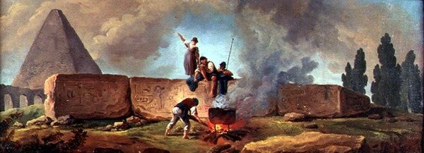 Bográcsot főznek cigányok az egyiptomi romok között (olaj, vászon) alkotó: Hubert Robert