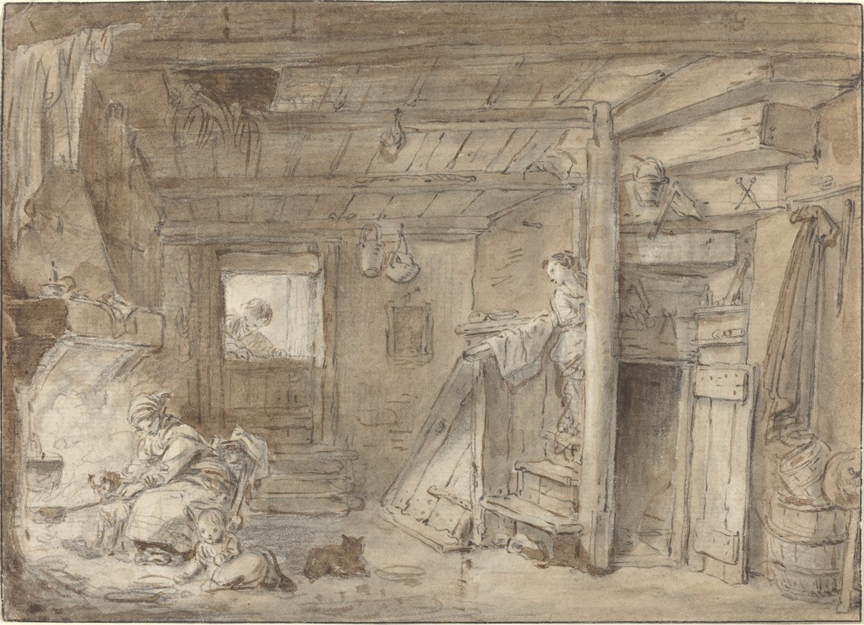Egy parasztház belseje figurákkal alkotó: Hubert Robert