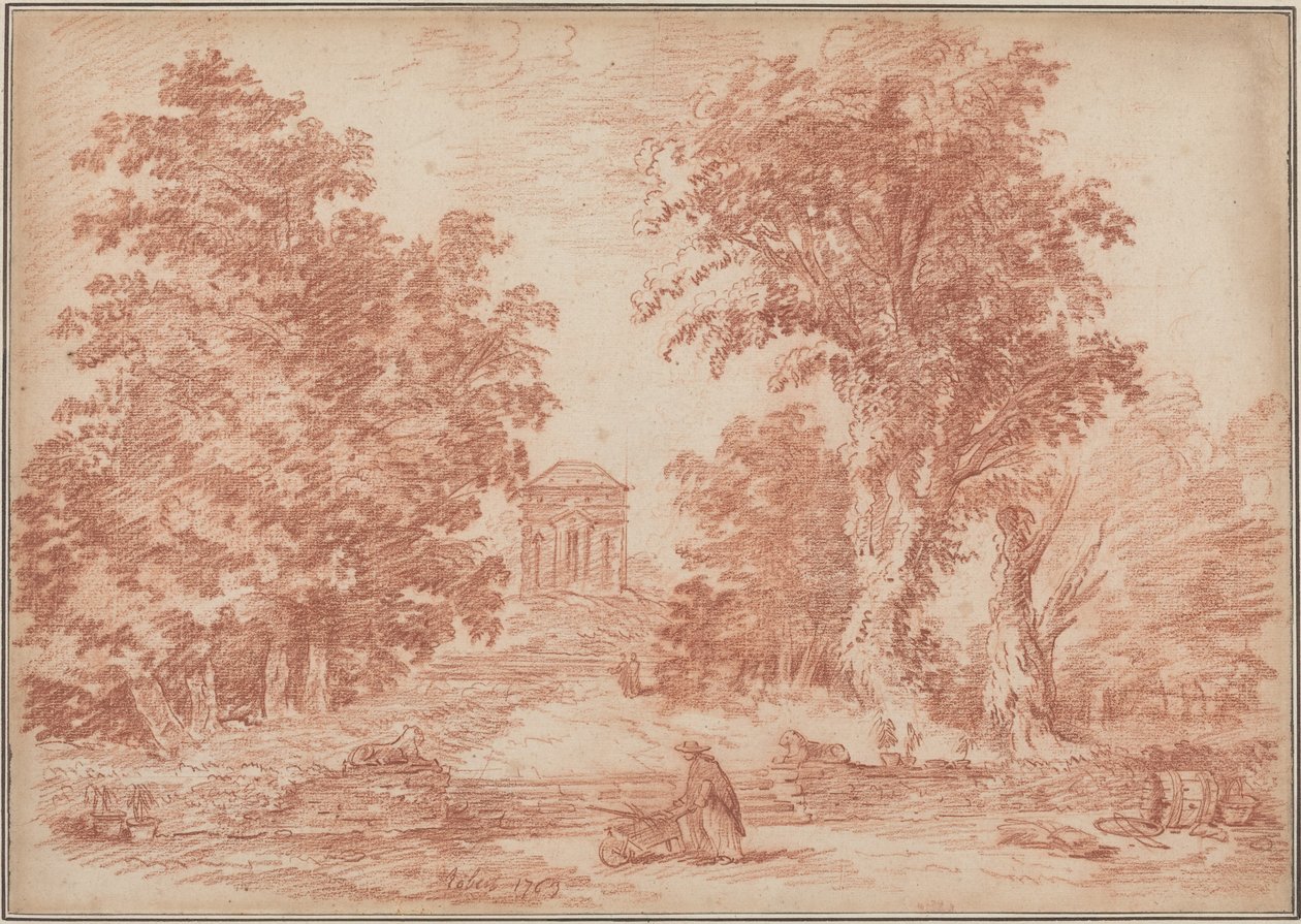 Olasz park egy kis templommal alkotó: Hubert Robert