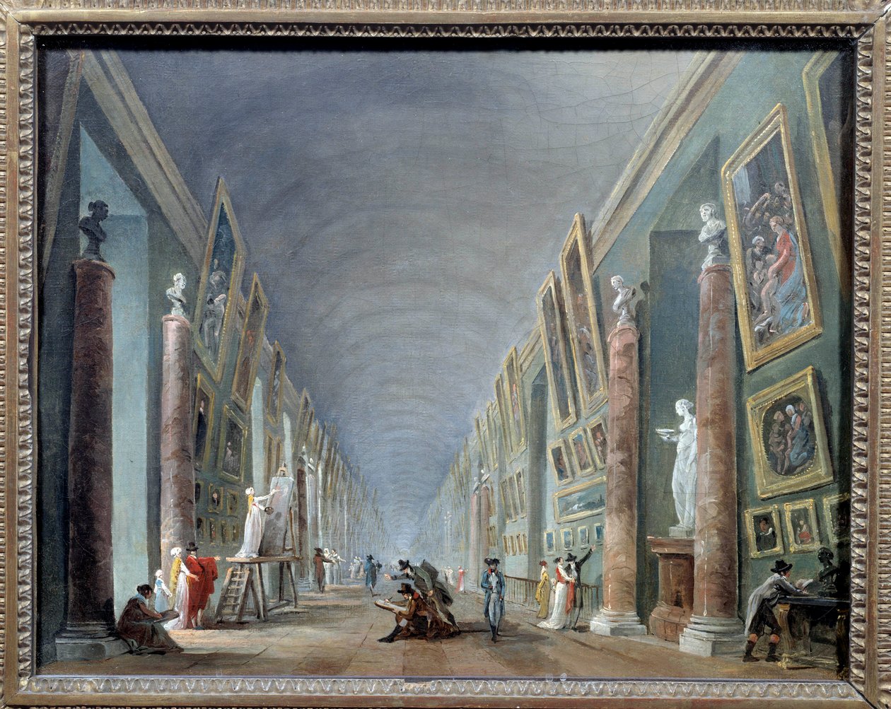 La grande galerie du Louvre 1801 és 1805 között Hubert Robert (1733-1808) festménye V. 0,37 x 0,46 Musee du Louvre, Párizs - A Louvre nagyterme 1801 és 1805 között. Hubert Robert (1733-1808) festménye, 0,37 x 0,46. Párizsi Louvre Múzeum alkotó: Hubert Robert