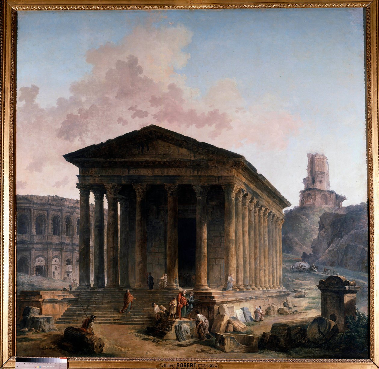 A négyszögletes ház, a bikaviadal-aréna és a Magne-torony Nimes-ben Hubert Robert festménye alkotó: Hubert Robert