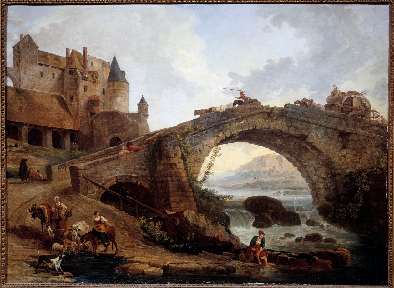 Hubert Robert (1733-1808) tájkép hídfestményével 1776 V. 0,76x1,04 m Montpellier musee Fabre alkotó: Hubert Robert