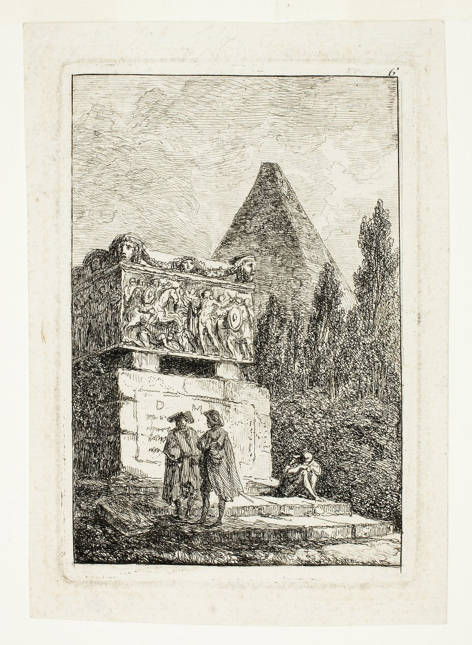 Tájkép piramissal és szarkofággal, hatodik lemez a Les Soirées de Rome-ból alkotó: Hubert Robert