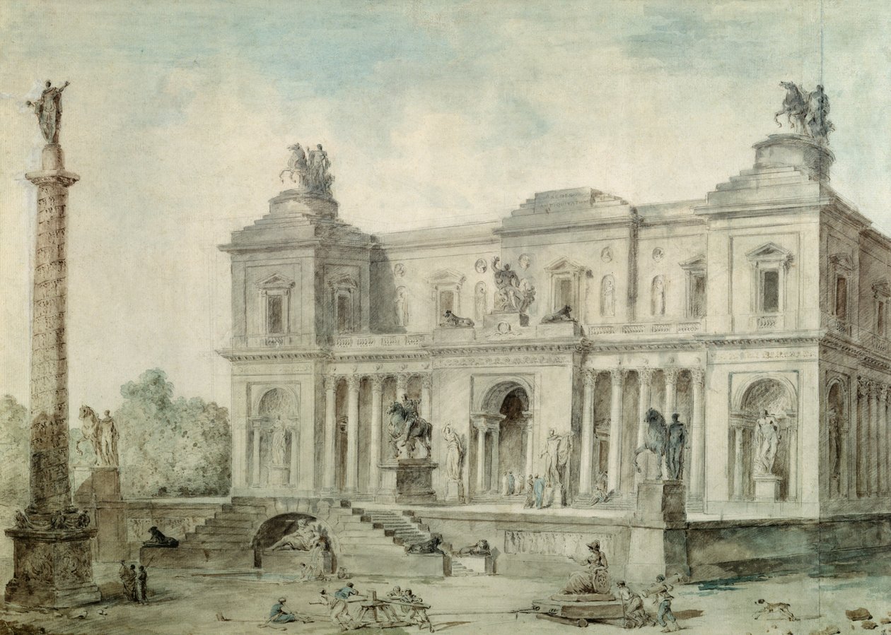Le Musée des Antiques, 1800 körül (kréta, toll és tinta, valamint WC papíron) alkotó: Hubert Robert