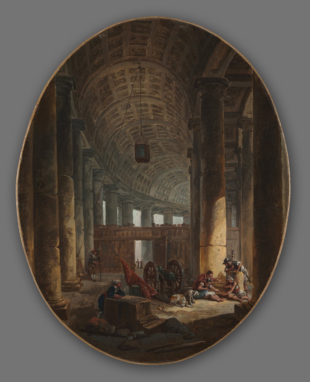 Festménypár: Szent Péter oszlopcsarnoka, Róma, a konklávé idején és A barlang..., 1769 körül alkotó: Hubert Robert