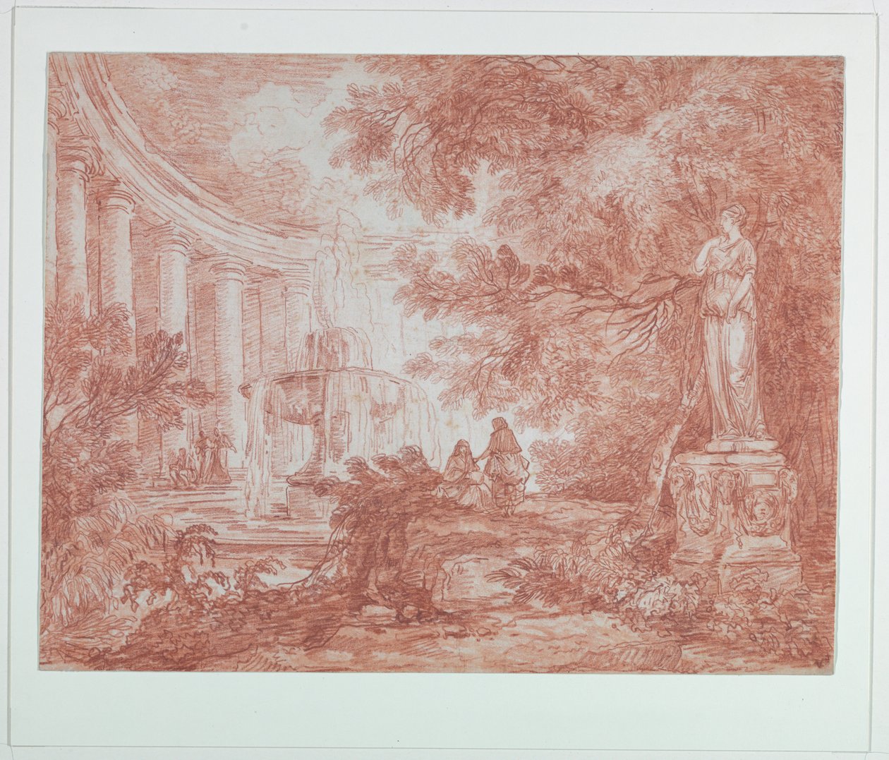 Park szökőkúttal és szoborral alkotó: Hubert Robert