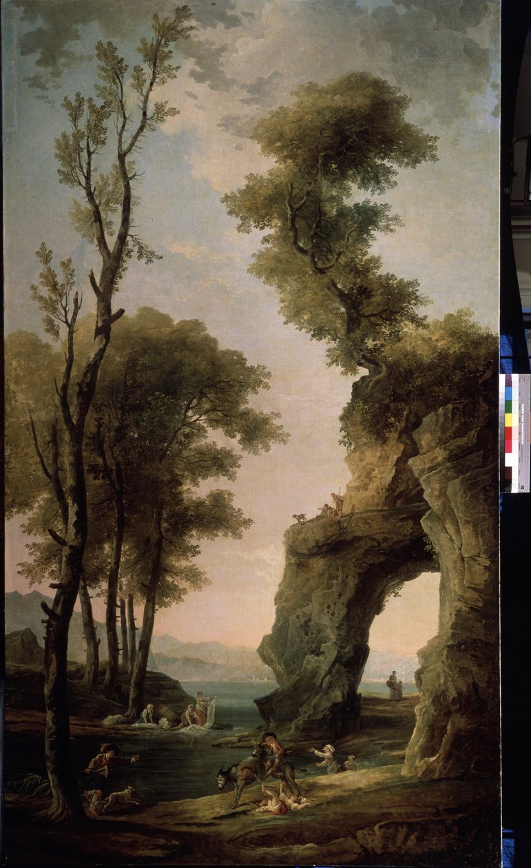 Vidéki táj. A mosónők a folyóban mosnak ruhát. Egy nő leesik a szamárról. Hubert Robert (1733-1808) festménye, olaj, vászon, francia művészet. Állami Szabadtéri Múzeum Peterhof, Szentpétervár. alkotó: Hubert Robert