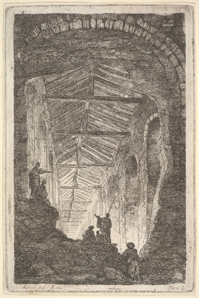 10. tábla: Az ókori galéria: nagy fedett galéria, a bacból beszűrődő fény..., kb. 1763-64. alkotó: Hubert Robert
