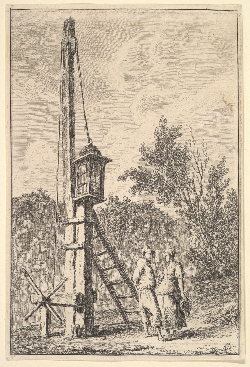 9. tábla: A szíjtárcsa: egy férfi és egy nő beszélget jobbra, lámpás lógott egy pos..., kb. 1763-64. alkotó: Hubert Robert