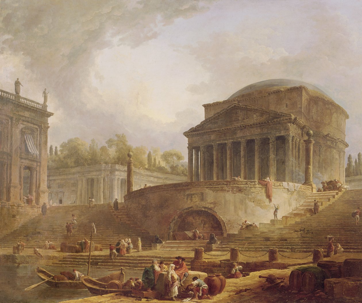 Porto di Ripetta Rómában, a Pantheonnal, építészeti tabló, 1766 alkotó: Hubert Robert