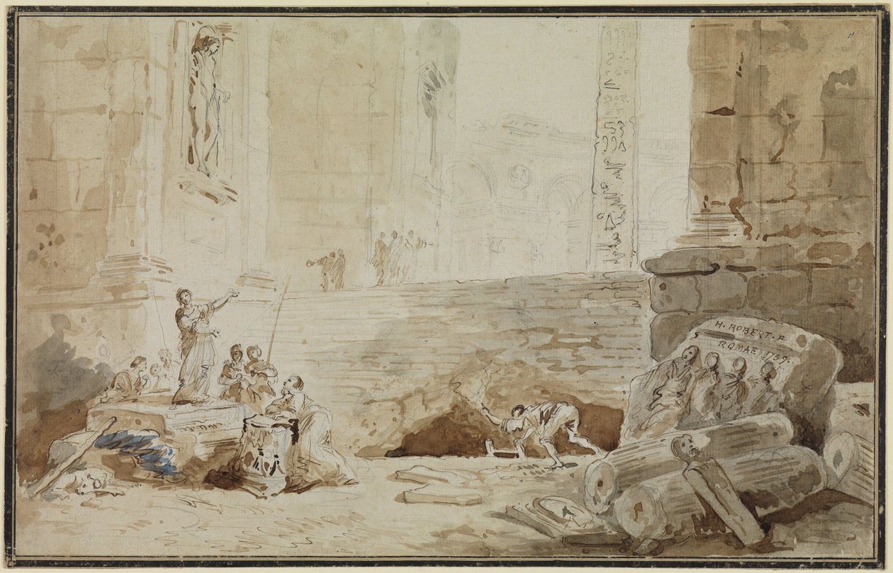 Római capriccio utcai énekesnővel alkotó: Hubert Robert