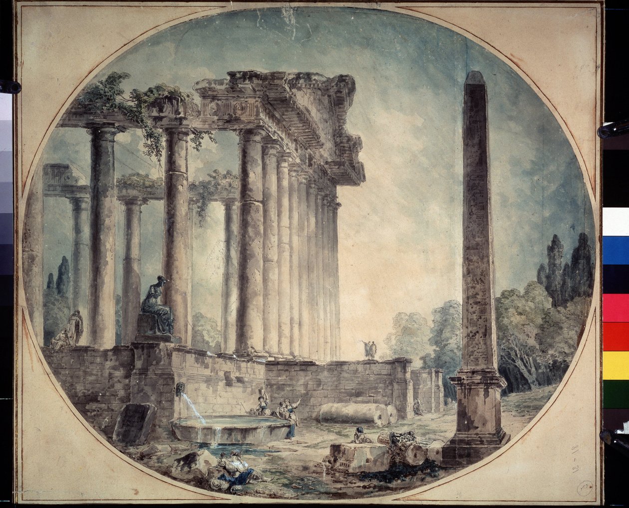 ""Ősi romok és obeliszk"" Hubert Robert (1733-1808) akvarellje 1776 Állami A. Puskin Szépművészeti Múzeum, Moszkva, Oroszország alkotó: Hubert Robert