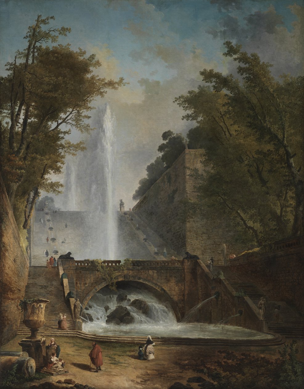 Lépcső és szökőkút egy római villa parkjában alkotó: Hubert Robert