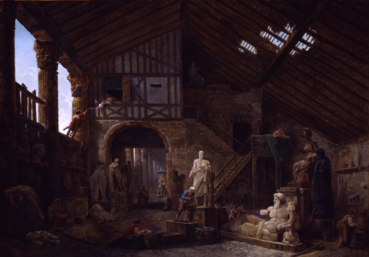 Egy régiség-restaurátor műhelye Rómában alkotó: Hubert Robert