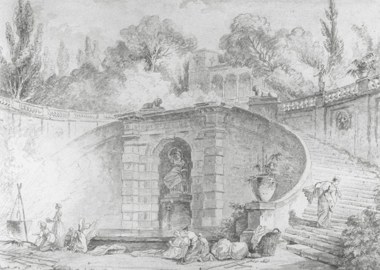The Large Staircase, 1761-1765 (toll és fekete tinta, ecset és szürke mosás és akvarell fekete krétával alárajzolt törtfehér fektetett papíron, vízjellel) alkotó: Hubert Robert
