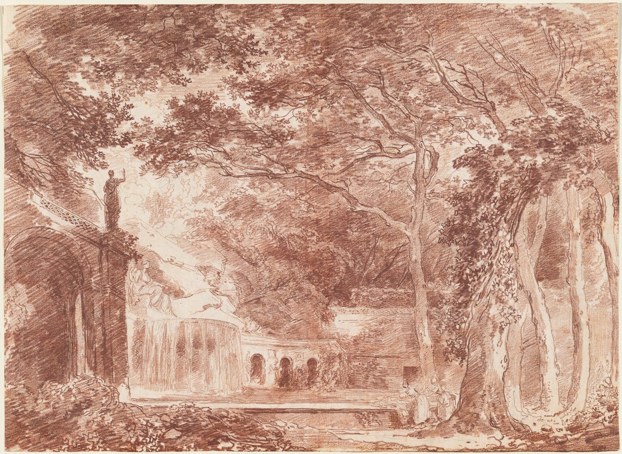 Az ovális szökőkút a Villa d’Este kertjében, Tivoliban alkotó: Hubert Robert