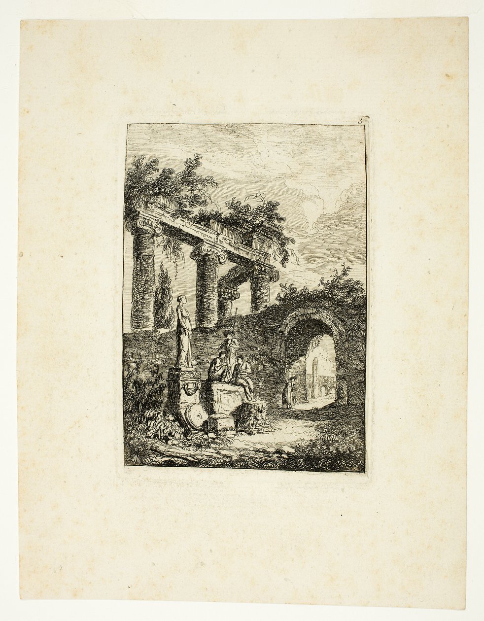 A szobor a romok előtt, harmadik lemez a Les Soirées de Rome című kötetből alkotó: Hubert Robert