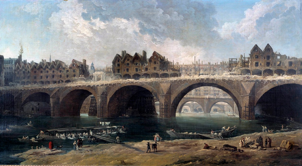 A párizsi Notre-Dame (Notre Dame) hídon lévő házak lebontása 1786-ban Sur la Seine, hajómosó (csónakmosó). Hubert Robert (1733-1808) festménye 1786 V. 0,86x1,59 m Párizs, Musee Carnavalet alkotó: Hubert Robert