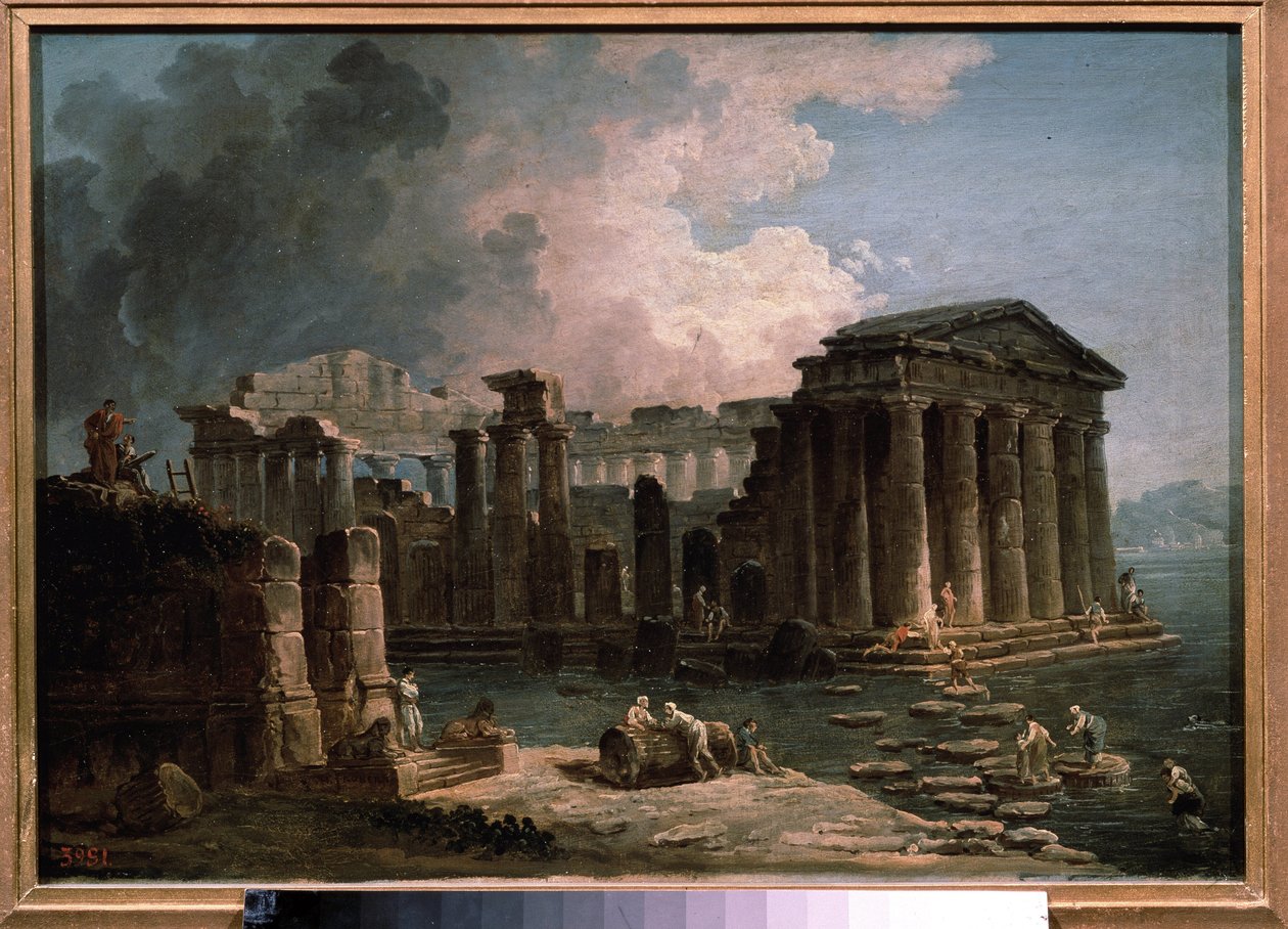 Egy templomot vizek vesznek körül. Hubert Robert (1733-1808) festménye, olaj, vászon, 1780 körül, francia művészet. Állami A. Puskin Szépművészeti Múzeum, Moszkva. alkotó: Hubert Robert