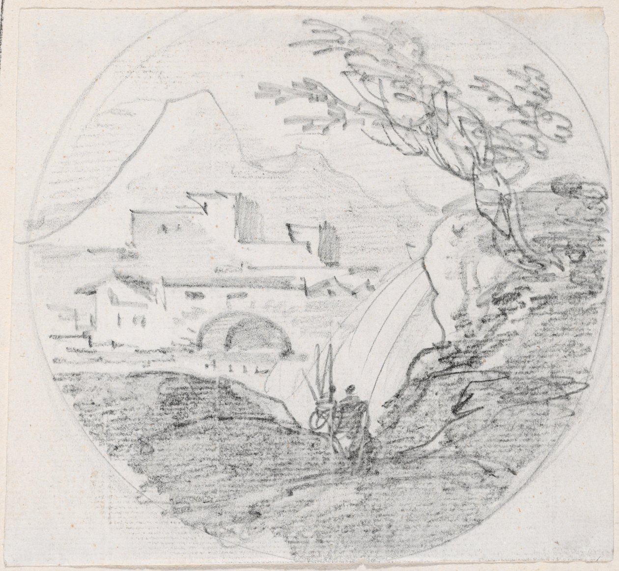 Kilátás a gerincről egy falura és a távoli hegyre alkotó: Hubert Robert