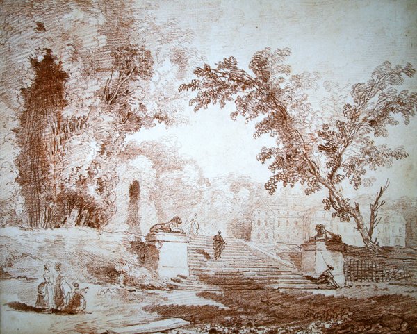 Egy kert látképe terasszal (vörös kréta papírra) alkotó: Hubert Robert