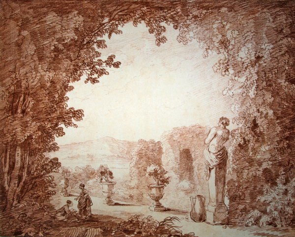 Kilátás a kertre szoborral (piros kréta papíron) alkotó: Hubert Robert