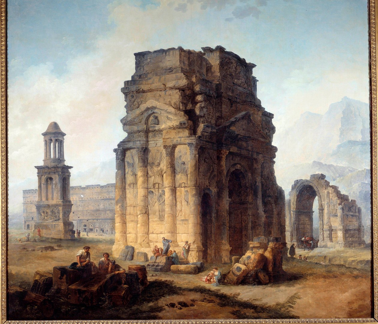 Kilátás a Diadalívre és a Theatre of Orange Painting – Hubert Robert (1733-1808) 18. századi V. 2,42x2,42 m alkotó: Hubert Robert
