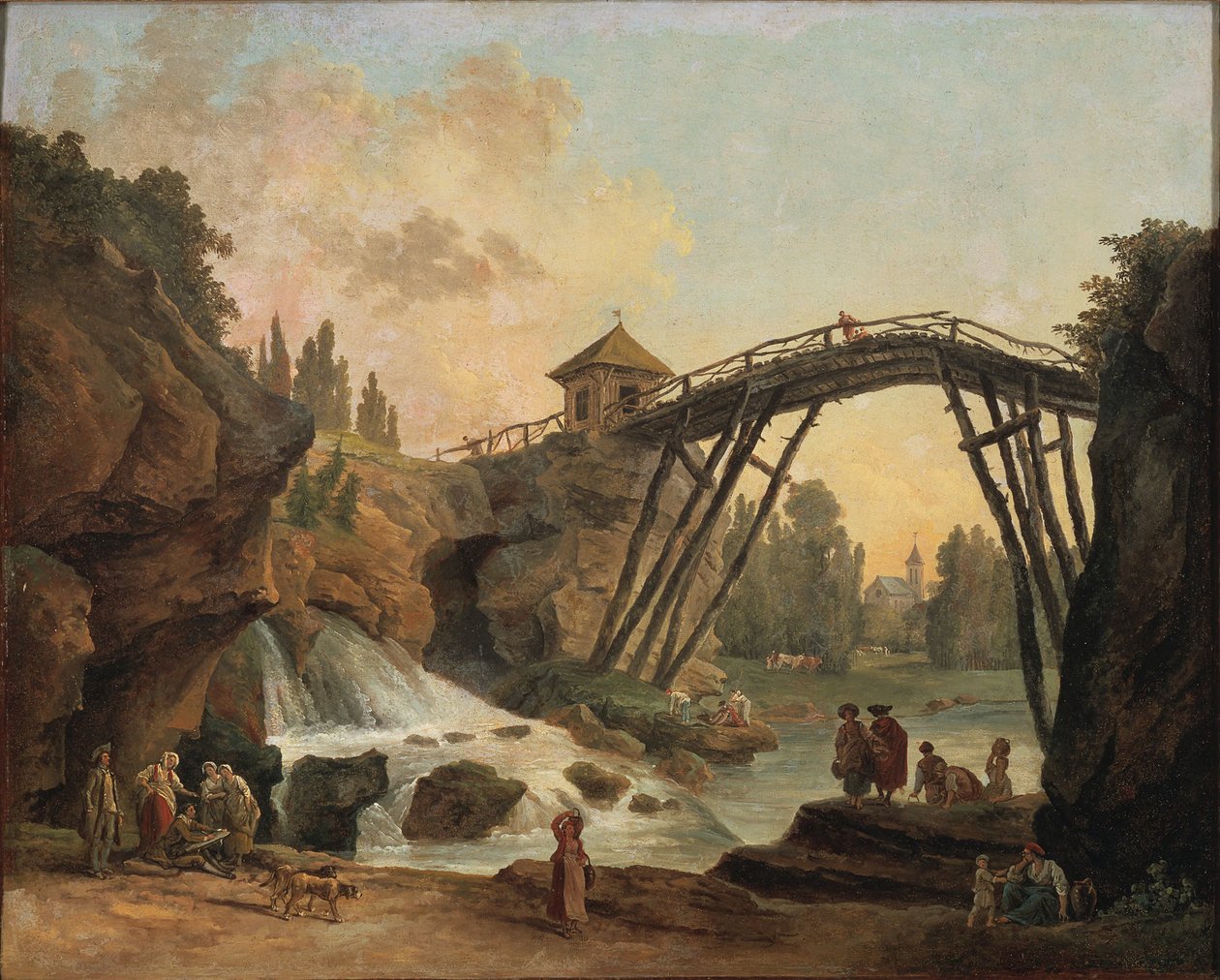 Kilátás a barlangra és a rusztikus hídra a méréville-i tájkertben alkotó: Hubert Robert