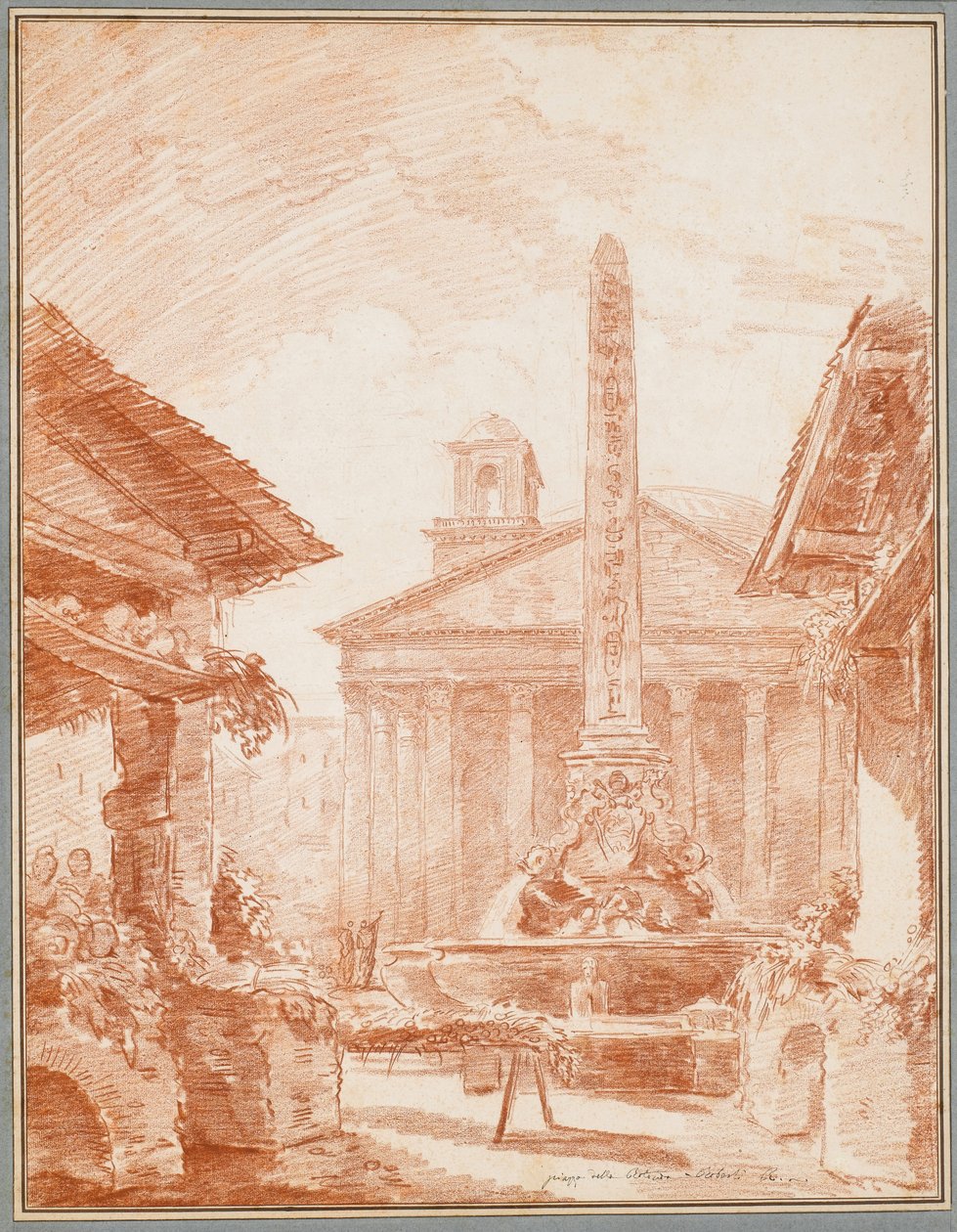 Kilátás a római Piazza della Rotondára a Tritons-kúttal és a Pantheon homlokzatával alkotó: Hubert Robert