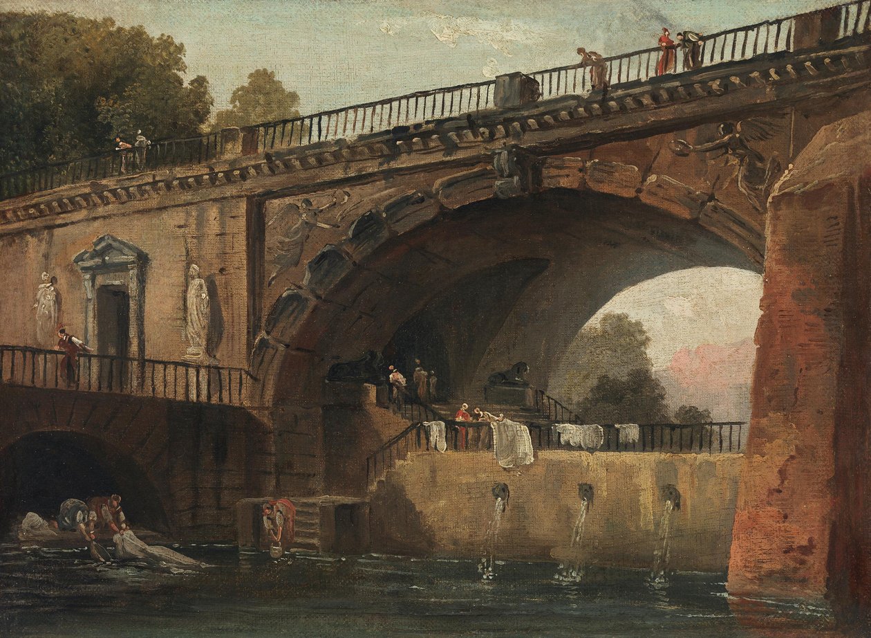 Mosónők egy hídív alatt alkotó: Hubert Robert