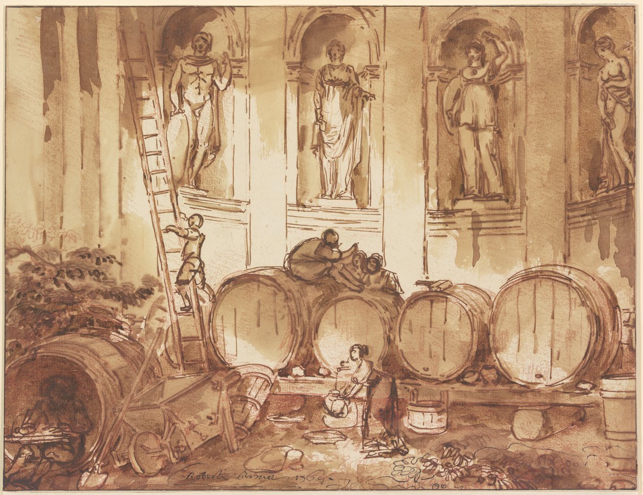 Borospince egy négy ókori istenség szobrával díszített fülkében alkotó: Hubert Robert