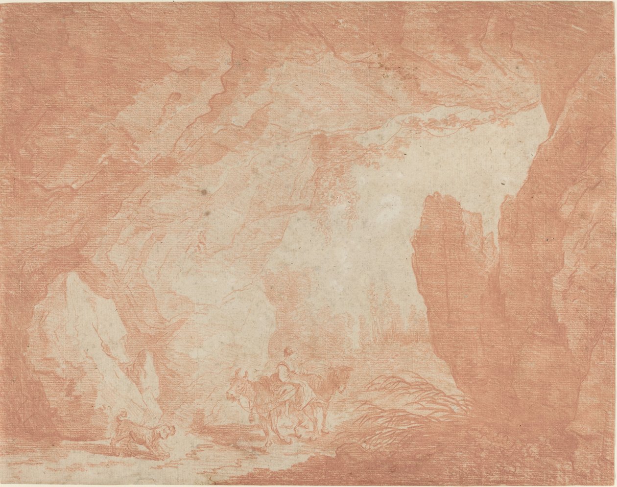 Fiatal nő szamarak lovaglás egy természetes híd alatt alkotó: Hubert Robert